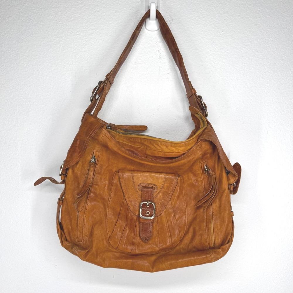Junior Drake Cognac Distressed Leather Hobo Shoulder Bag Buckle Tassel Boho Y2K
